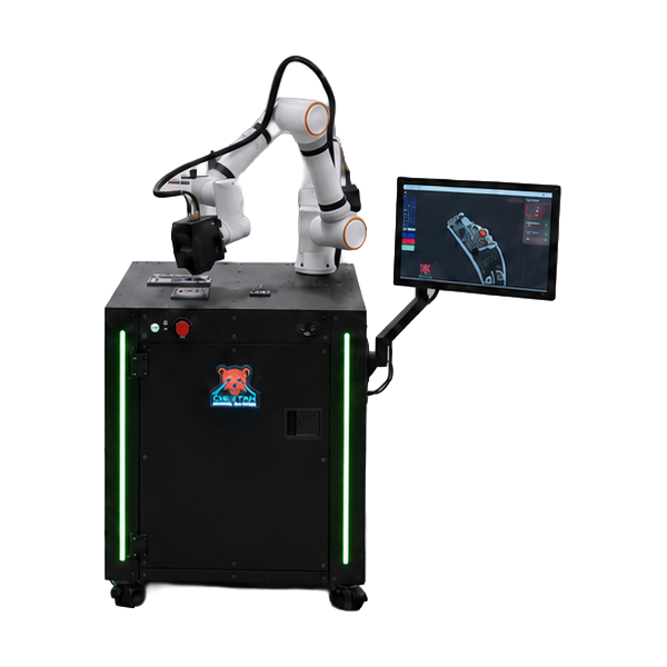 The Cobot Scanner configuration: a collaborative robot arm carrying an industrial 3D scanner over the inspection area.